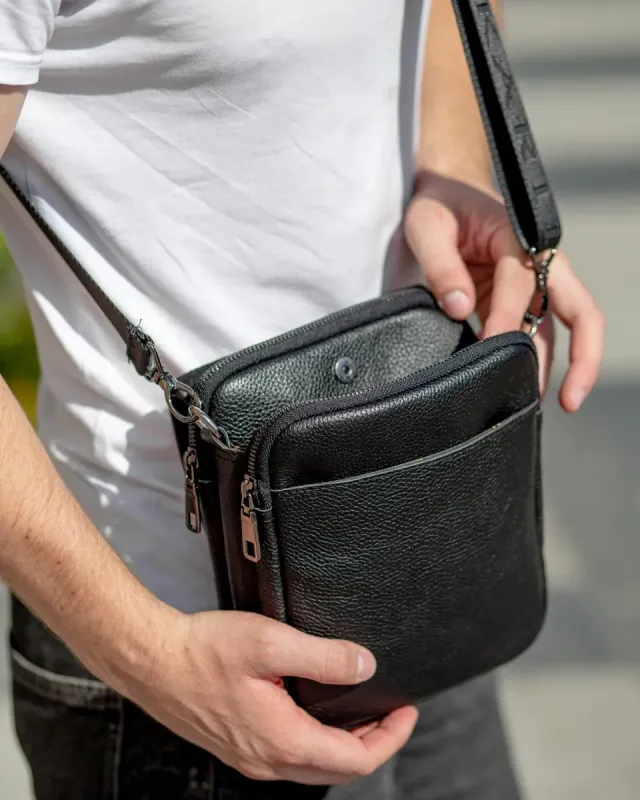 Шкіряна чоловіча сумка-месенджер 24х20х6, барсетка через плече Tiding Bag TD-23433 чорна