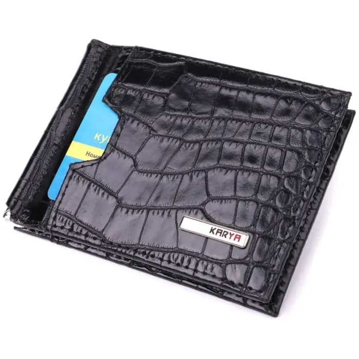 Зручний чоловічий затиск із натуральної фактурної шкіри під крокодила KARYA 22886 Чорний
