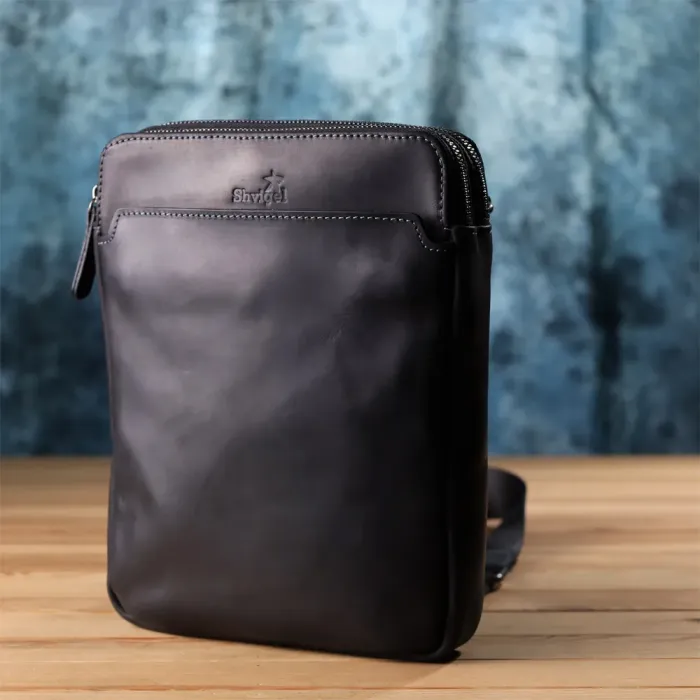 Практична чоловіча сумка через плече з вінтажної натуральної шкіри Shvigel 20870_1 Чорний