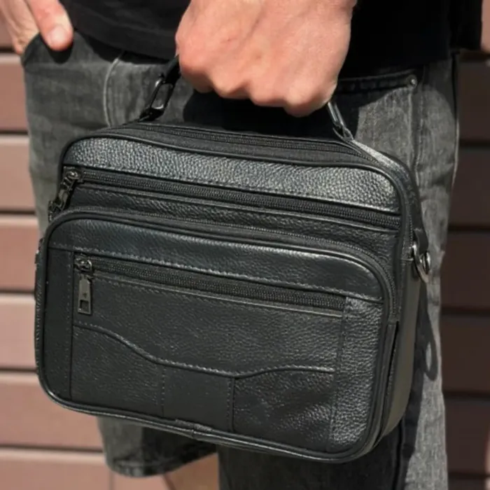 Чоловіча шкіряна сумка-барсетка 25×19×6.5, месенджер із ручкою та ременем через плече BX-10041 чорний