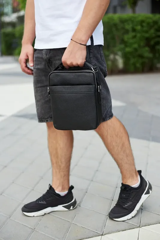 Чоловіча сумка-месенджер з двома відділеннями 21x26x7, шкіряний гаманець Tiding Bag 7459 чорного кольору