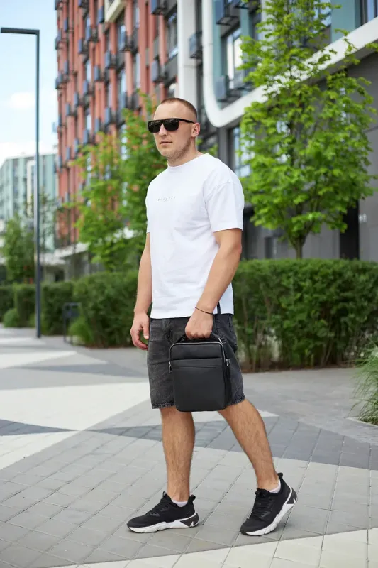 Чоловіча сумка-месенджер з двома відділеннями 21x26x7, шкіряний гаманець Tiding Bag 7459 чорного кольору