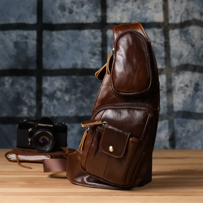 Практична чоловіча сумка з великою кількістю кишень із натуральної шкіри Vintage 22962 Коричневий