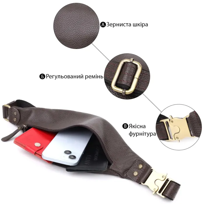 Модна сумка бананка для чоловіків із зернистої натуральної шкіри Shvigel 23137 Коричневий