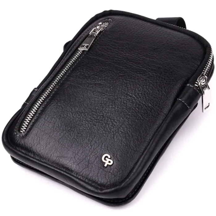 Чоловіча прямокутна сумка бананка із зернистої натуральної шкіри GRANDE PELLE 22879 Чорний