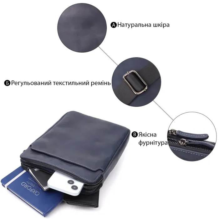 Практична чоловіча сумка через плече із вінтажної натуральної шкіри Shvigel 20867_1 Синій