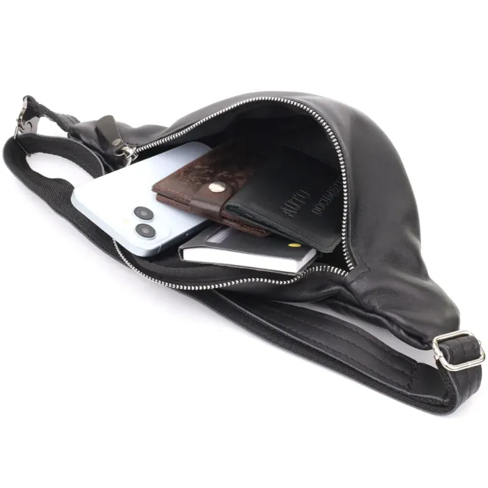 Зручна чоловіча бананка відмінної якості з гладкої натуральної шкіри Shvigel 23143 Чорний