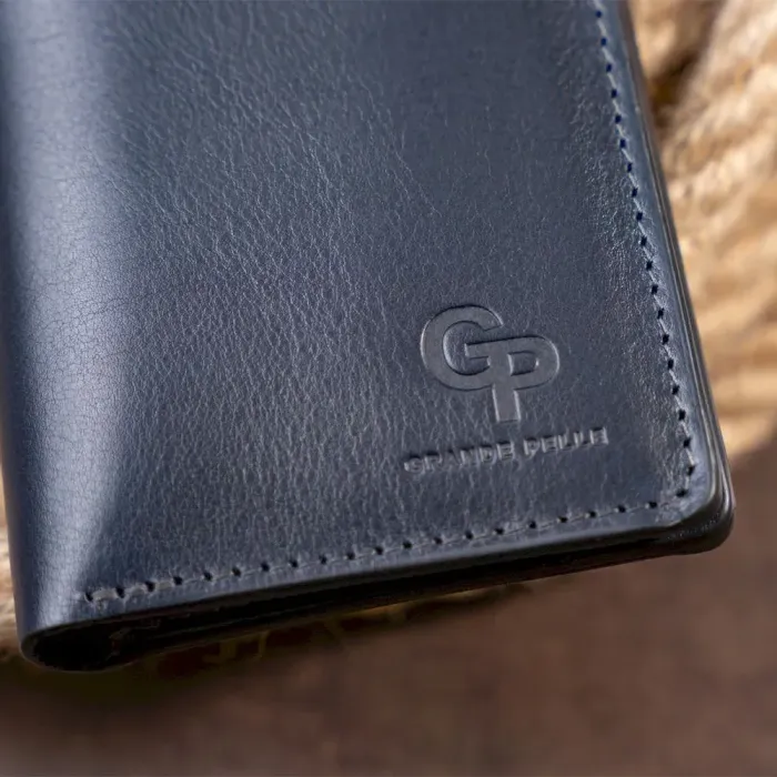 Вертикальное глянцевое портмоне с накладной монетницей GRANDE PELLE 11332 Синее