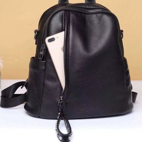 Шкіряний класичний жіночий рюкзак 26х32х15, наплічна сумка з багатьма відділеннями, чорна