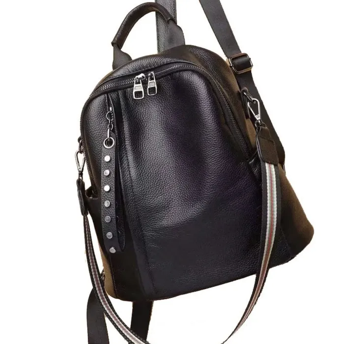 Шкіряний класичний жіночий рюкзак 26х32х15, наплічна сумка з багатьма відділеннями, чорна