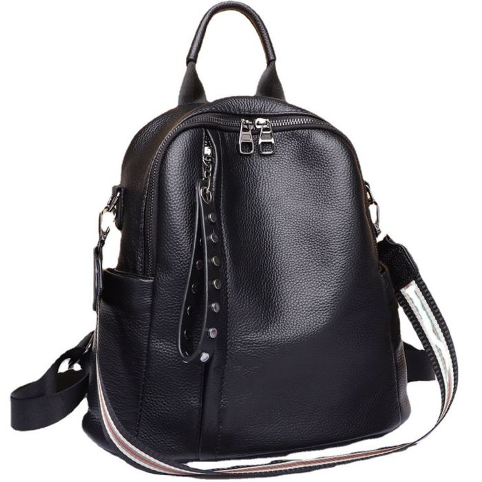 Шкіряний класичний жіночий рюкзак 26х32х15, наплічна сумка з багатьма відділеннями, чорна