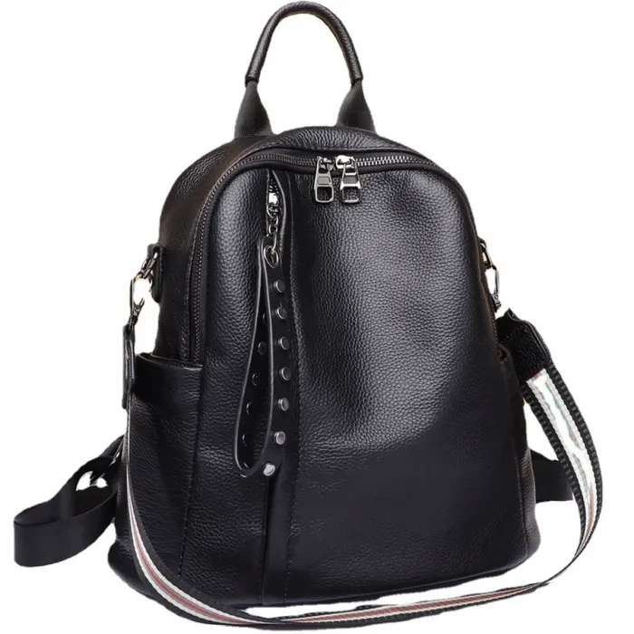 Шкіряний класичний жіночий рюкзак 26х32х15, наплічна сумка з багатьма відділеннями, чорна