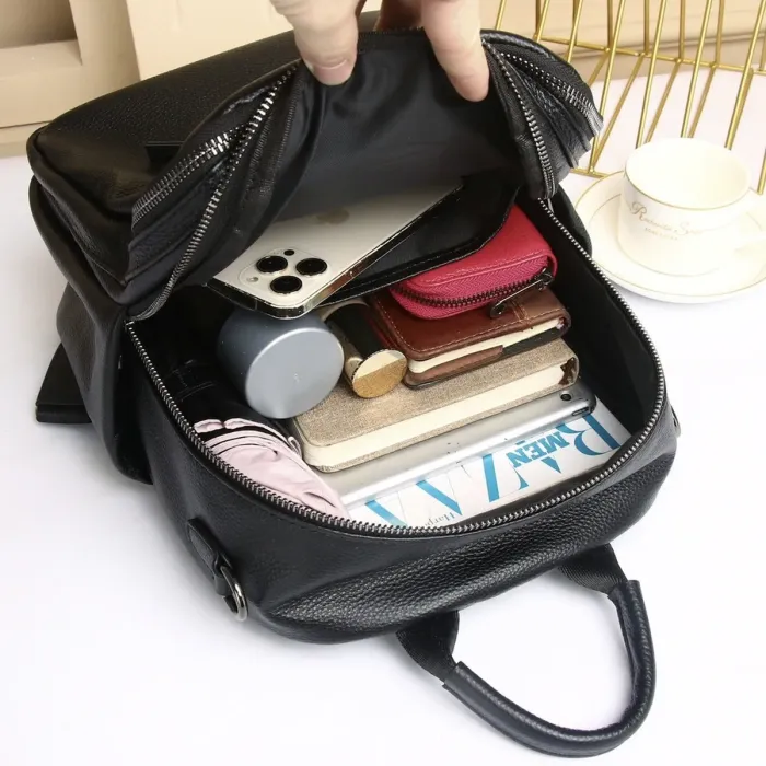 Стильна жіноча сумка міська на плечі 25х33х14, рюкзак з натуральної шкіри, чорний