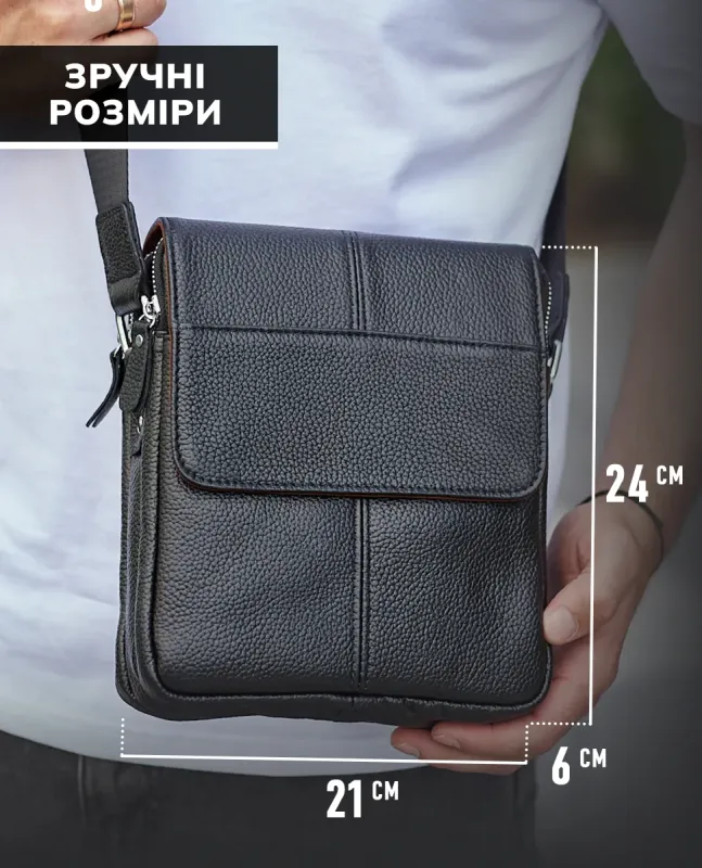 Чоловіча сумка шкіряна планшет 21х24х6, барсетка на одне плече Tiding Bag M1254A чорна