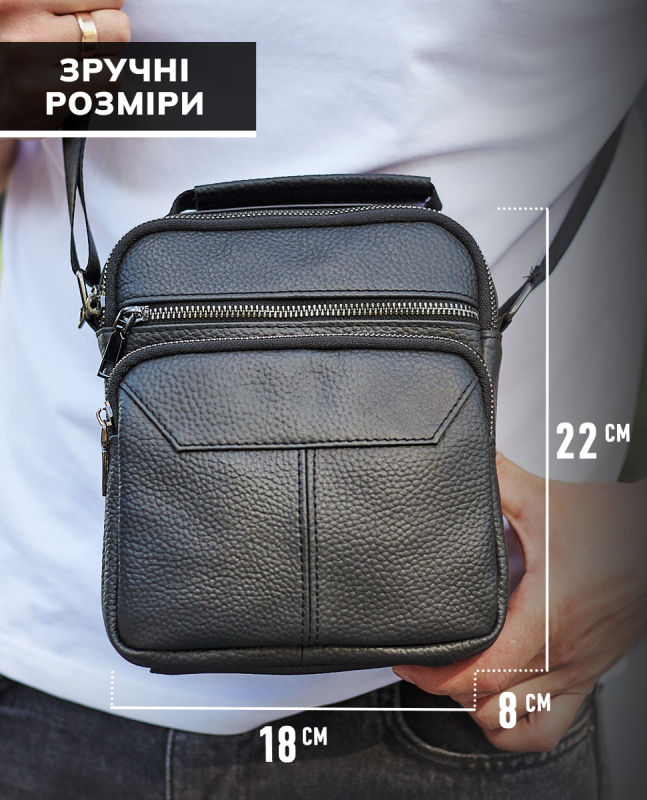 Чоловічий шкіряний месенджер 18x22x8, сумка планшет через плече Tiding Bag A25F-1519A чорний