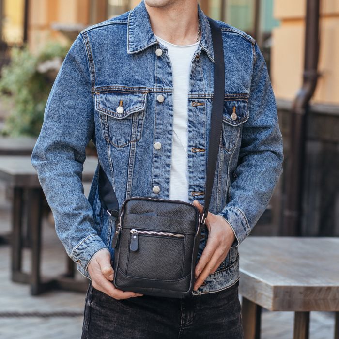 Чоловіча шкіряна сумка планшет 18х21х7, барсетка через плече Tiding Bag LA3314-1BL чорна