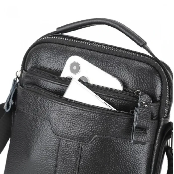 Шкіряна чоловіча сумка-барсетка 21х25х6, месенджер з ручкою Tiding Bag 73957 чорна