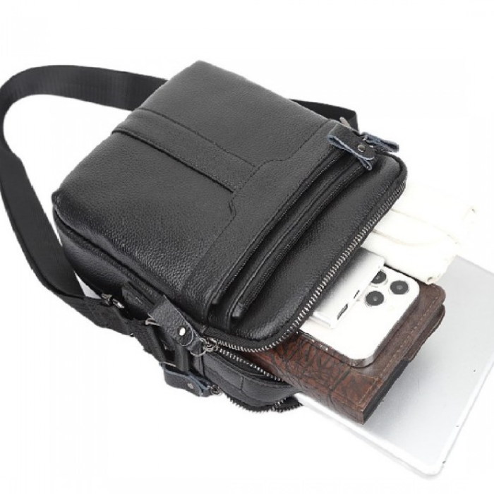 Шкіряна чоловіча сумка-барсетка 21х25х6, месенджер з ручкою Tiding Bag 73957 чорна