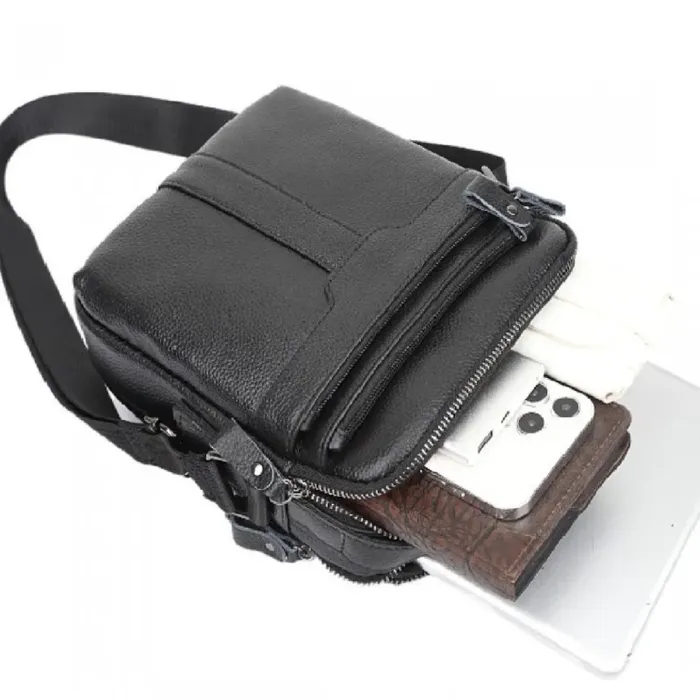 Шкіряна чоловіча сумка-барсетка 21х25х6, месенджер з ручкою Tiding Bag 73957 чорна