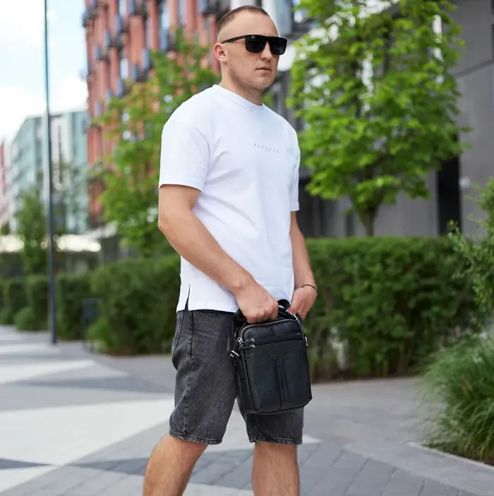 Шкіряна чоловіча сумка-барсетка 21х25х6, месенджер з ручкою Tiding Bag 73957 чорна