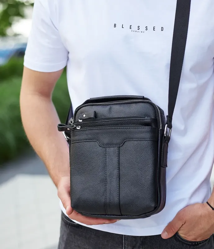 Чоловіча шкіряна сумка-месенджер 21х25х6, барсетка через плече Tiding Bag A25-3278A Чорна