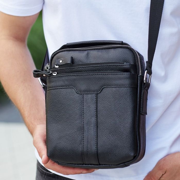 Шкіряна чоловіча сумка-барсетка 21х25х6, месенджер з ручкою Tiding Bag 73957 чорна