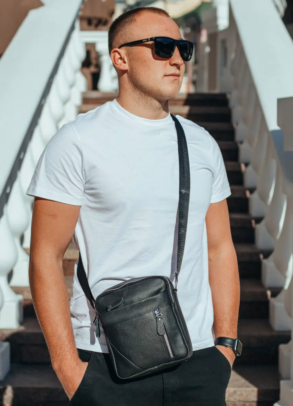 Чоловіча шкіряна сумка через плече 18х21х7, барсетка для документів Tiding Bag M38-10131A чорна