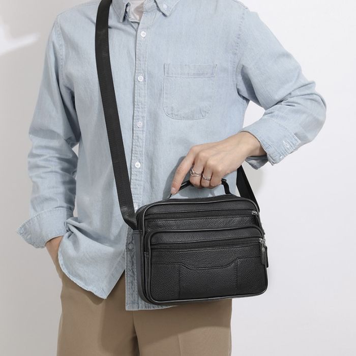 Чоловіча шкіряна сумка-барсетка 25×19×6.5, месенджер із ручкою та ременем через плече BX-10041 чорний