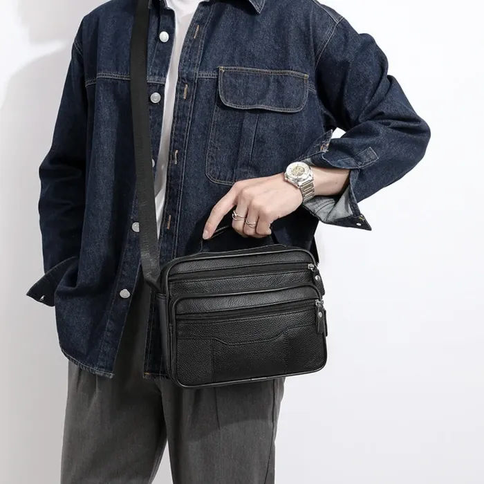 Чоловіча шкіряна сумка-барсетка 25×19×6.5, месенджер із ручкою та ременем через плече BX-10041 чорний