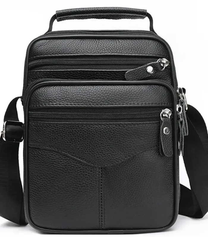 Чоловіча барсетка через плече 23х27х9 / месенджер наплічний з натуральної шкіри, чорний