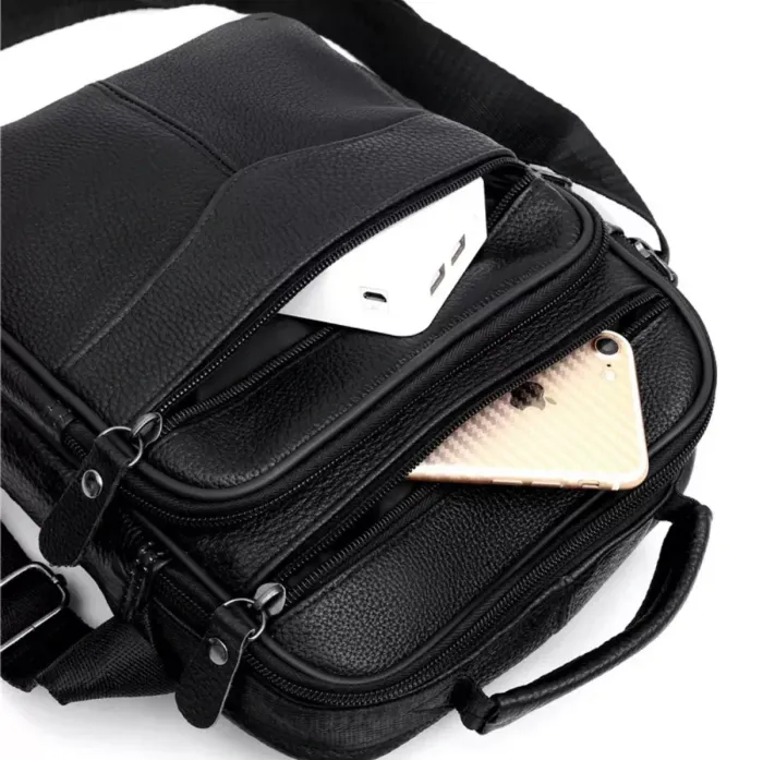 Чоловіча барсетка через плече 23х27х9 / месенджер наплічний з натуральної шкіри, чорний