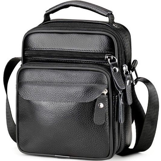 Чоловічі шкіряні сумки планшет 17х21х9, барсетка через плече з ручкою чорна 86802