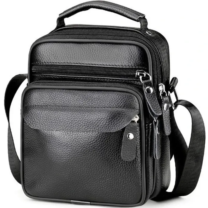 Чоловічі шкіряні сумки планшет 17х21х9, барсетка через плече з ручкою чорна 86802