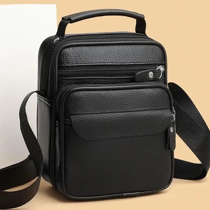 Чоловічі шкіряні сумки планшет 17х21х9, барсетка через плече з ручкою чорна 86802