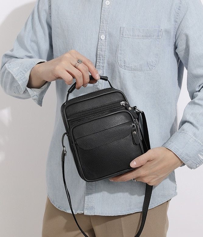 Чоловічі шкіряні сумки планшет 17х21х9, барсетка через плече з ручкою чорна 86802