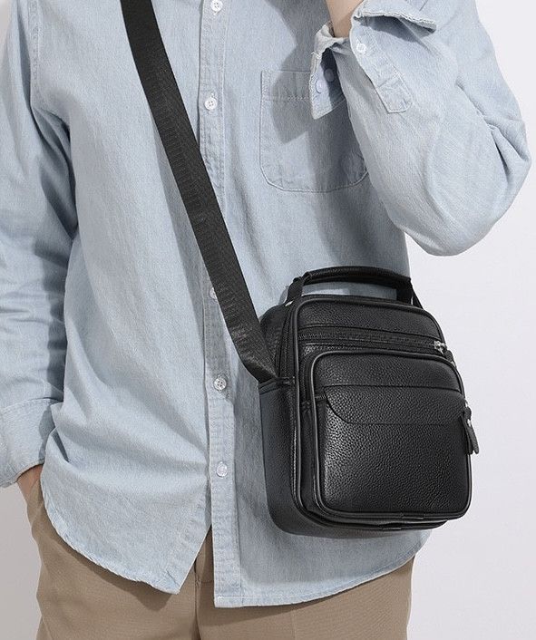 Чоловічі шкіряні сумки планшет 17х21х9, барсетка через плече з ручкою чорна 86802