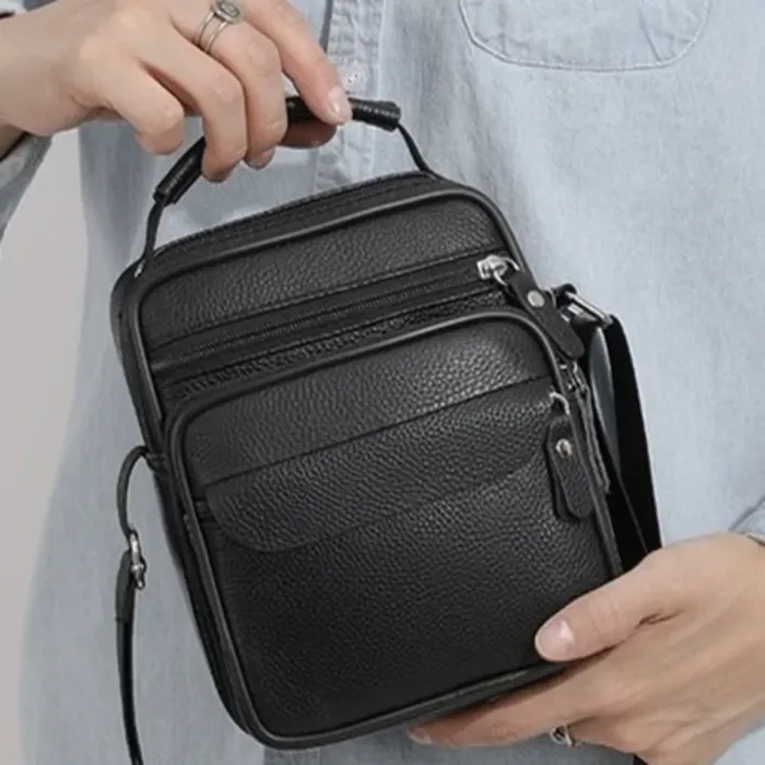 Чоловічі шкіряні сумки планшет 17х21х9, барсетка через плече з ручкою чорна 86802