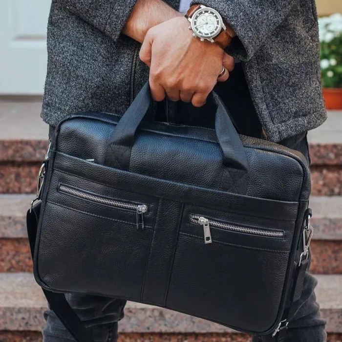 Шкіряна чоловіча сумка для ноутбука та документів чорна 39x28x8,  портфель для паперів, чорний