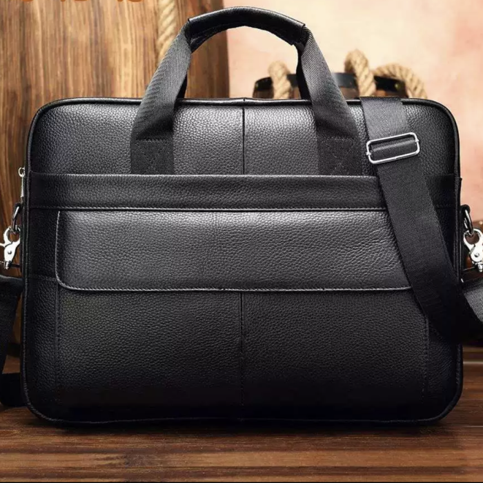 Шкіряна чоловіча сумка для ноутбука і документів чорна 39х28х8, портфель для офісного працівника, чорний