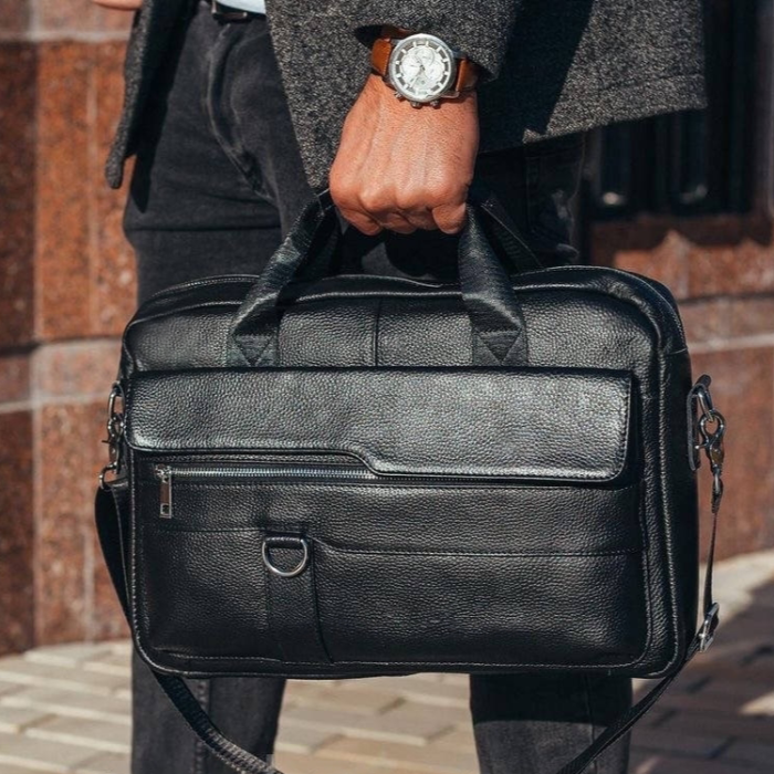 Шкіряний чоловічий портфель для документів та ноутбука 39x28x8, сумка папка ділова MK39848 чорна