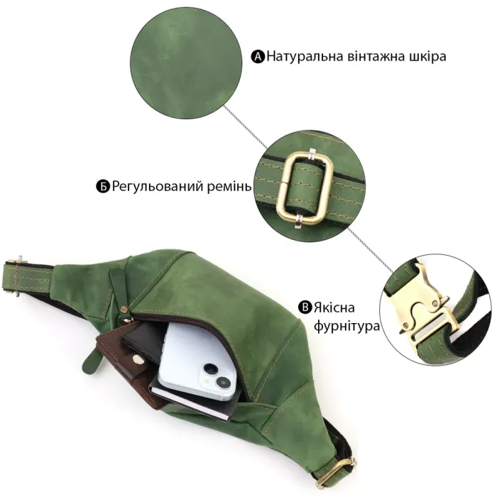 Модна сумка-бананка для чоловіків з натуральної vintage шкіри Shvigel 23124 Зелений