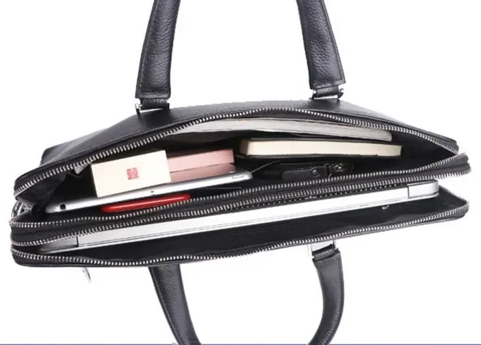 Шкіряна чоловіча ділова сумка-портфель портфель для ноутбука 37х28.5х7, дипломат для офіса Tiding Bag 64028 чорний