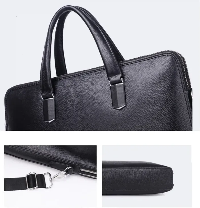 Шкіряна чоловіча ділова сумка-портфель портфель для ноутбука 37х28.5х7, дипломат для офіса Tiding Bag 64028 чорний