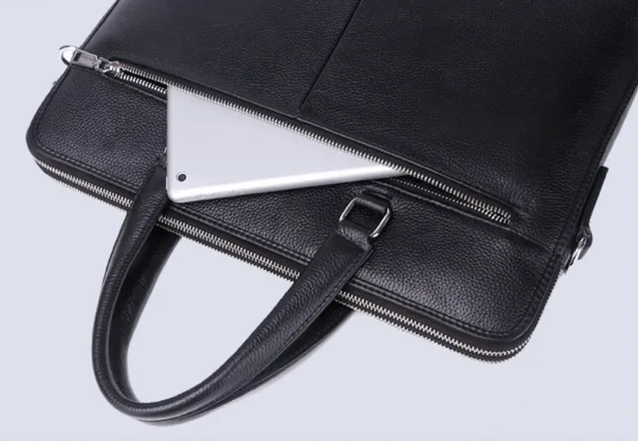 Шкіряна чоловіча ділова сумка-портфель портфель для ноутбука 37х28.5х7, дипломат для офіса Tiding Bag 64028 чорний