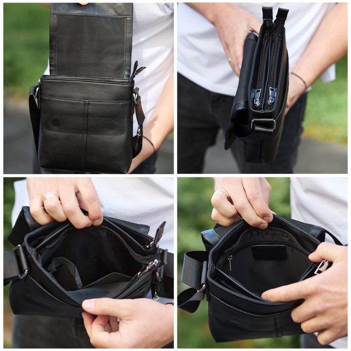 Шкіряна чоловіча сумка-месенджер 21х23х5.5, сумка планшет через плече Tiding Bag 48450 чорна