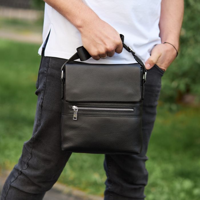 Шкіряна чоловіча сумка-месенджер 21х23х5.5, сумочка крос боді через плече чорна Tiding Bag 56230