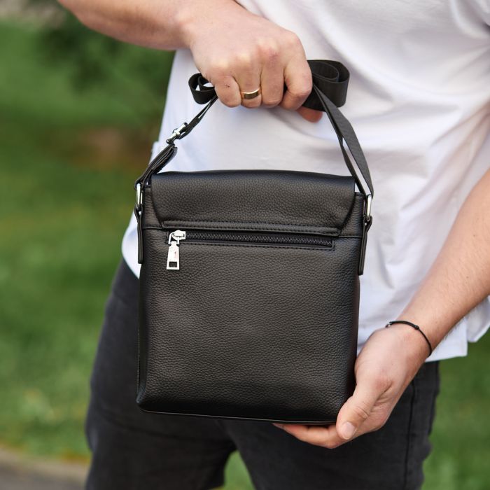 Шкіряна чоловіча сумка-месенджер 21х23х5.5, сумочка крос боді через плече чорна Tiding Bag 56230