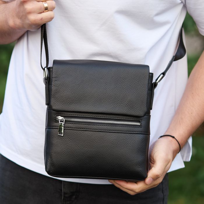 Шкіряна чоловіча сумка-месенджер 21х23х5.5, сумочка крос боді через плече чорна Tiding Bag 56230