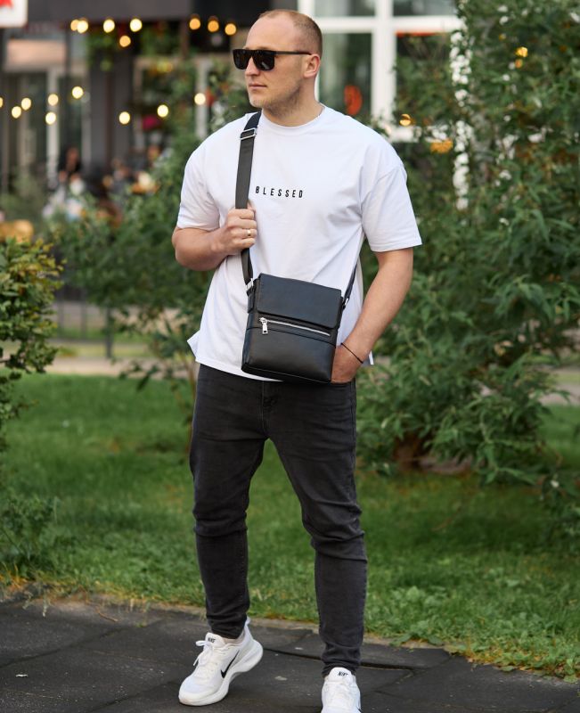 Шкіряна чоловіча сумка-месенджер 21х23х5.5, сумочка крос боді через плече чорна Tiding Bag 56230