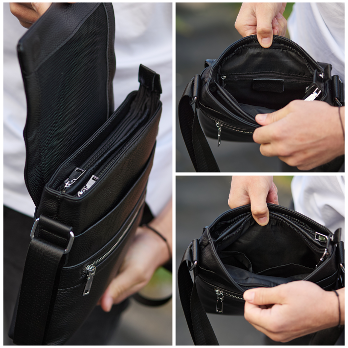 Шкіряна чоловіча сумка-месенджер 21х23х5.5, сумочка крос боді через плече чорна Tiding Bag 56230